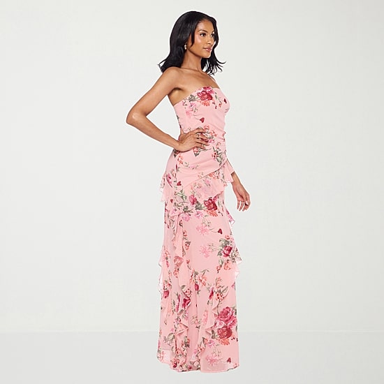 Premier Amour Womens Strapless Floral Fitted Gown