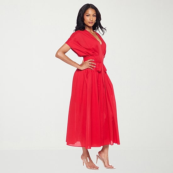 Premier Amour Womens Midi V Neck Short Sleeve Dolman Fit + Flare Dress