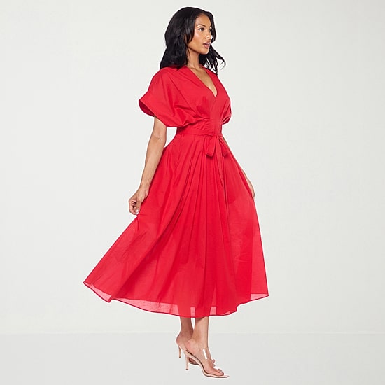 Premier Amour Womens Midi V Neck Short Sleeve Dolman Fit + Flare Dress