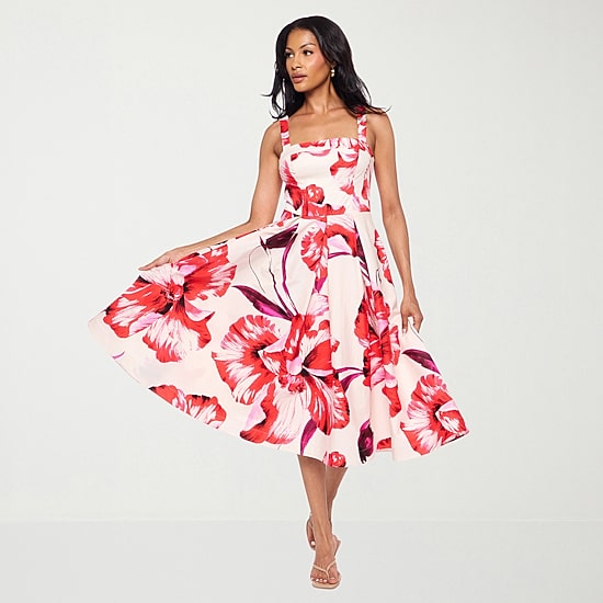 Premier Amour Womens Midi Straight Neck Sleeveless Floral Fit + Flare Dress