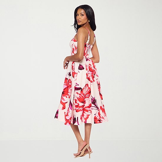 Premier Amour Womens Midi Straight Neck Sleeveless Floral Fit + Flare Dress