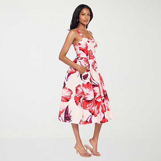 Premier Amour Womens Midi Straight Neck Sleeveless Floral Fit + Flare Dress
