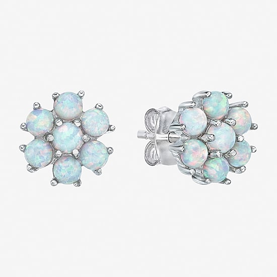 Lab Created White Opal Sterling Silver 9mm Flower Stud Earrings