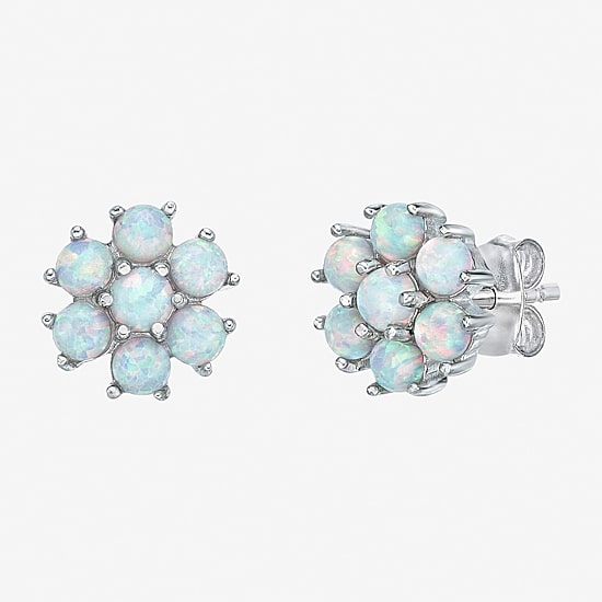 Lab Created White Opal Sterling Silver 9mm Flower Stud Earrings