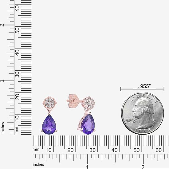 Womens Genuine Purple Amethyst 18K Rose Gold Over Silver Pear Drop Earrings