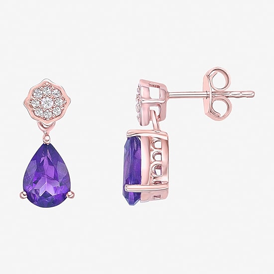 Womens Genuine Purple Amethyst 18K Rose Gold Over Silver Pear Drop Earrings