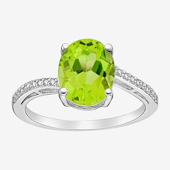 Diamond Accent and Gemstone Sterling Silver Oval Side Stone Cocktail Ring