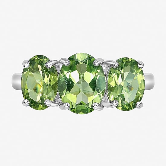 Womens Genuine Green Peridot Sterling Silver Oval 3-Stone Cocktail Ring