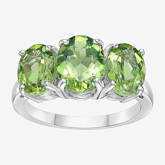 Womens Genuine Green Peridot Sterling Silver Oval 3-Stone Cocktail Ring