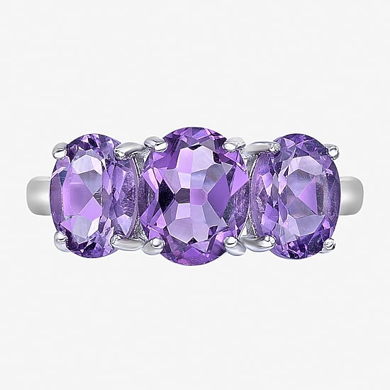 Womens Genuine Purple Amethyst Sterling Silver Oval 3-Stone Cocktail Ring