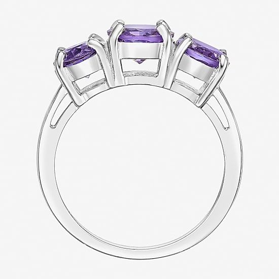 Womens Genuine Purple Amethyst Sterling Silver Oval 3-Stone Cocktail Ring