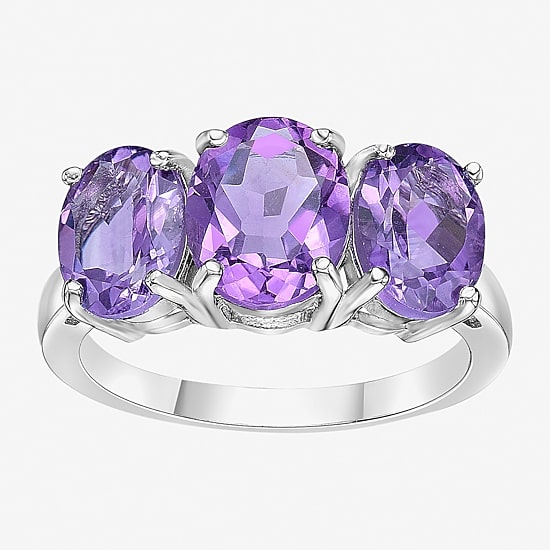 Womens Genuine Purple Amethyst Sterling Silver Oval 3-Stone Cocktail Ring