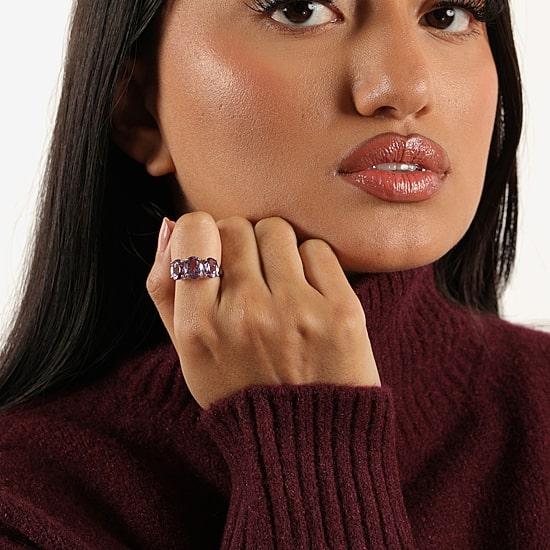 Womens Genuine Purple Amethyst Sterling Silver Oval 3-Stone Cocktail Ring