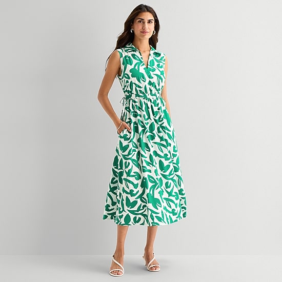 Marc New York Womens Midi V Neck Sleeveless Leaf Fit + Flare Dress