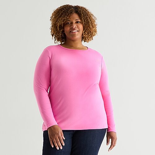St. John's Bay Womens Plus Crew Neck Long Sleeve T-shirt In Pink