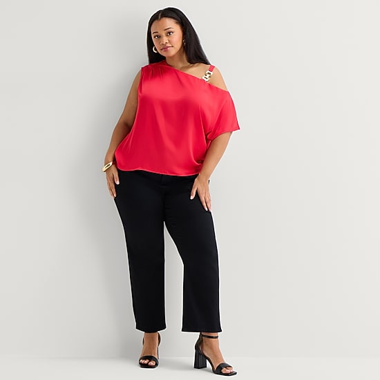 Bold Elements Womens Plus Asymmetrical Neck Short Sleeve Satin Blouse