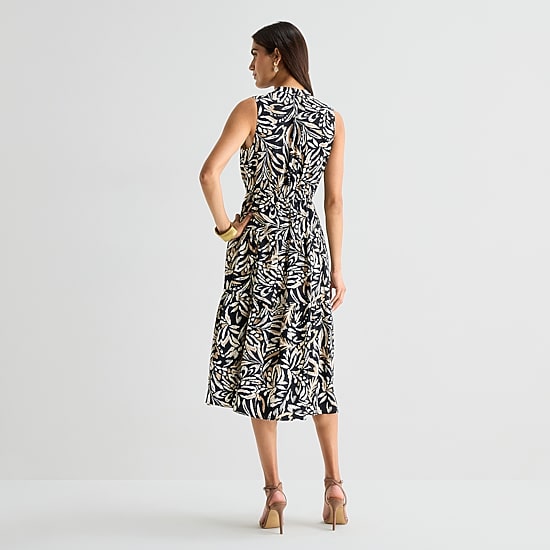 Isabel & Nina Womens Midi V Neck Sleeveless Leaf Fit + Flare Dress