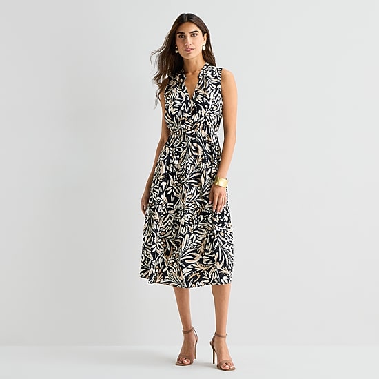 Isabel & Nina Womens Midi V Neck Sleeveless Leaf Fit + Flare Dress
