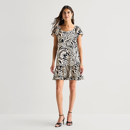 Isabel & Nina Womens Round Neck Short Sleeve Leaf Shift Dress