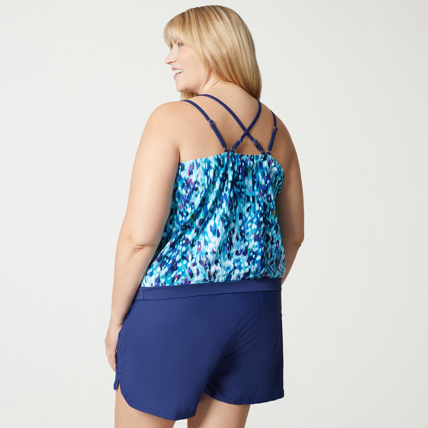 Free Country Womens Adjustable Straps Built Bra Abstract Plus Blouson Swimsuit Top