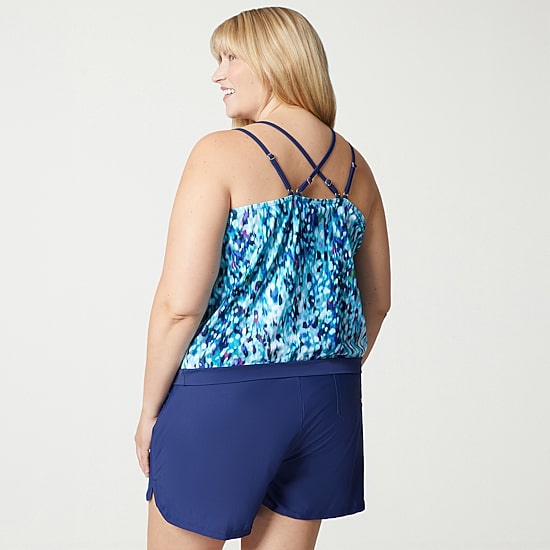 Free Country Womens Adjustable Straps Built In Bra Abstract Plus Blouson Swimsuit Top
