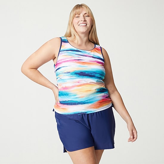 Free Country Womens Built In Bra Shirred Stretch Fabric Striped Plus Tankini Swimsuit Top