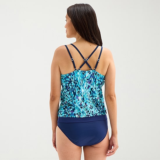 Free Country Womens Adjustable Straps Built In Bra Abstract Blouson Swimsuit Top