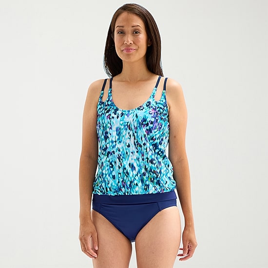 Free Country Womens Adjustable Straps Built In Bra Abstract Blouson Swimsuit Top
