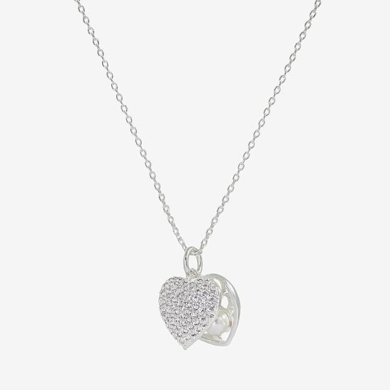 Sparkle Allure Womens Simulated Pearl Pure Silver Over Brass Heart 16 Inch Pendant Necklace