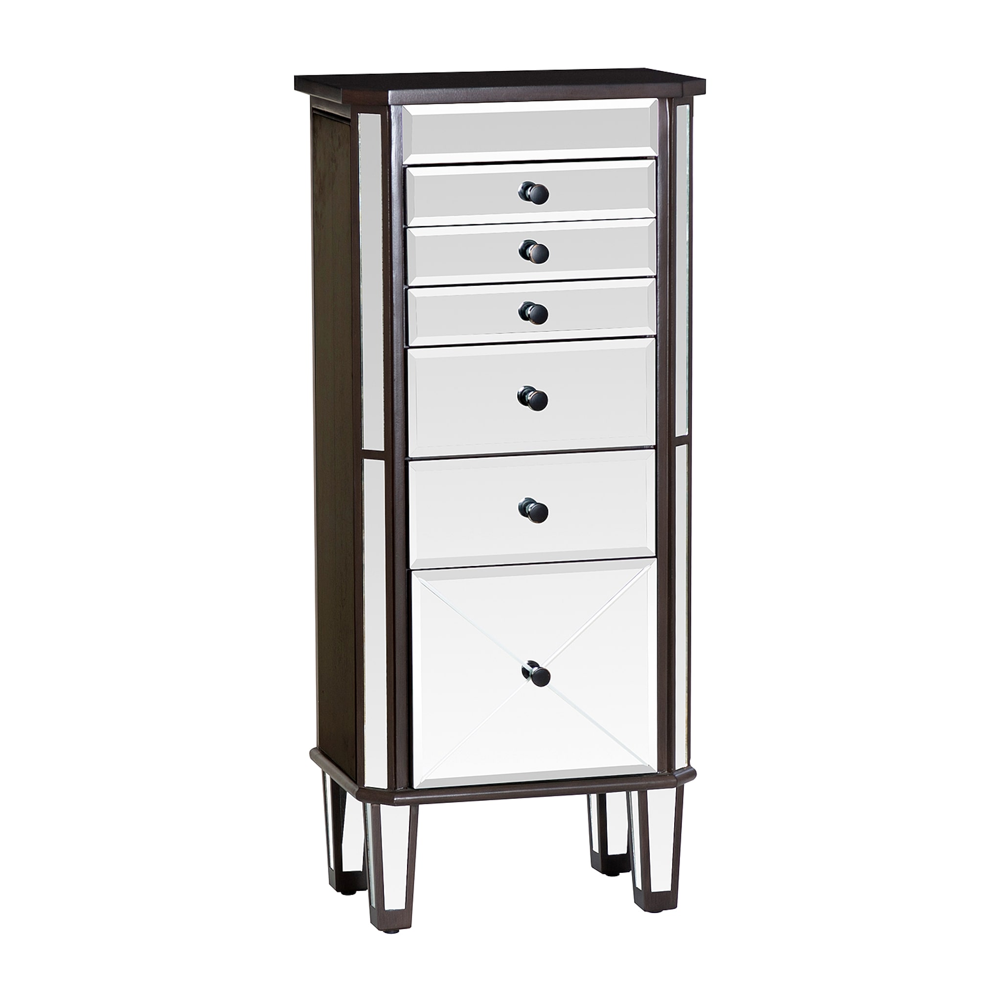 Jewelry armoire with white glass doors and dark wood frame shown from the front.