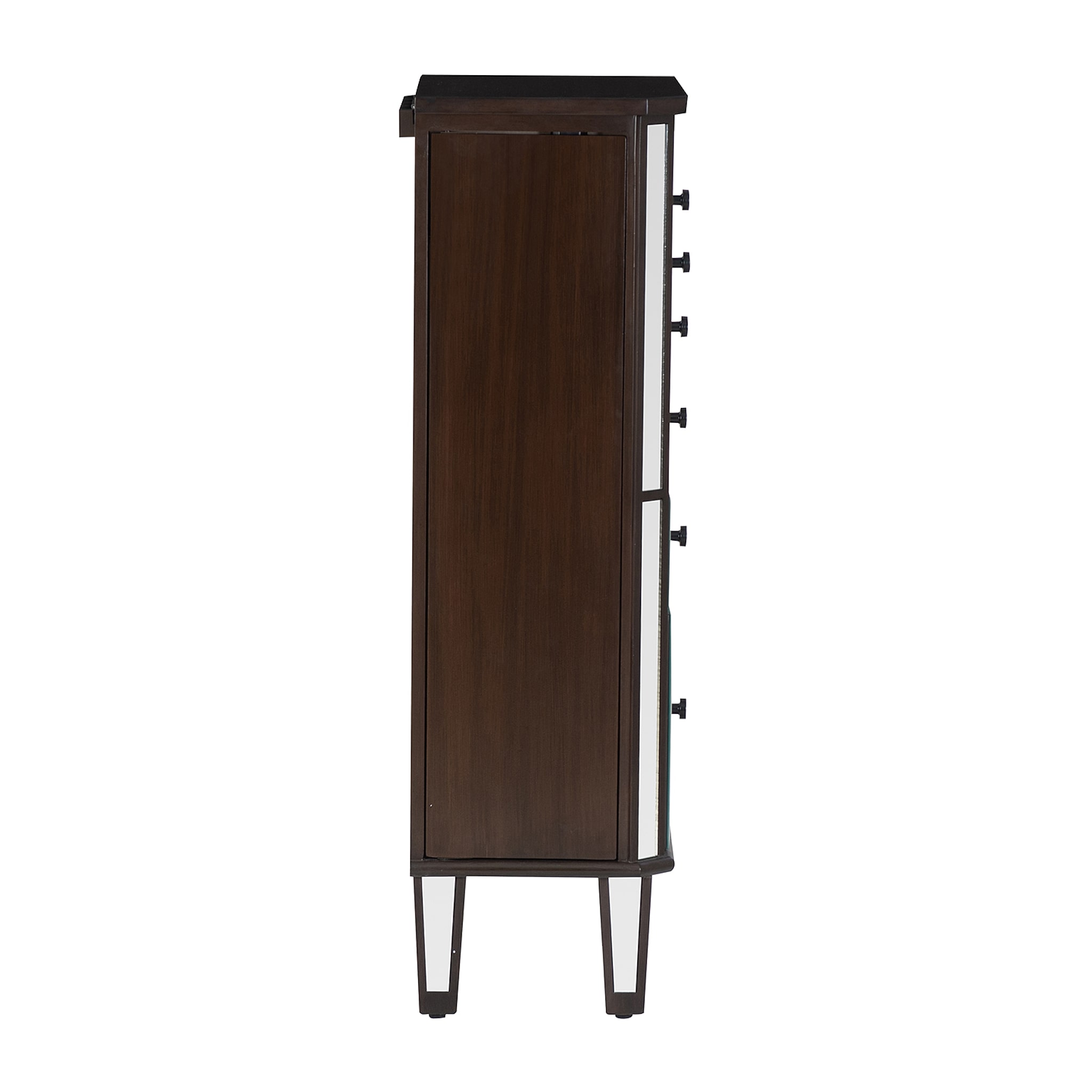 Side view of the jewelry armoire showing the dark wood finish on the cabinet door.