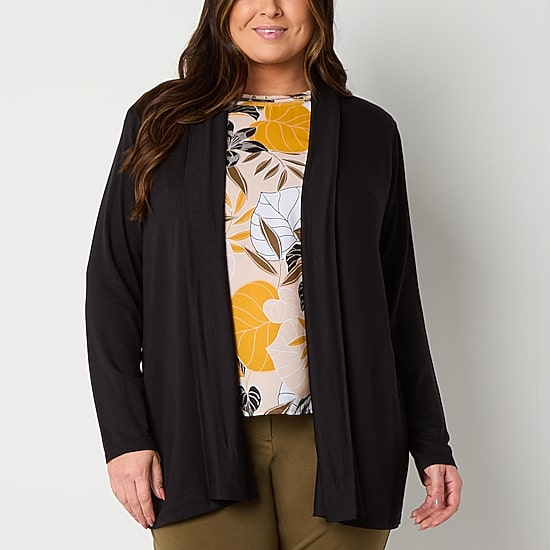 Liz Claiborne Womens Long Sleeve Open Front Plus Cardigan