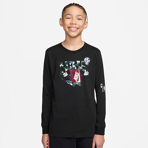Nike Big Kid Unisex Crew Neck Long Sleeve Classic Fit Graphic T-Shirt, Large, Black