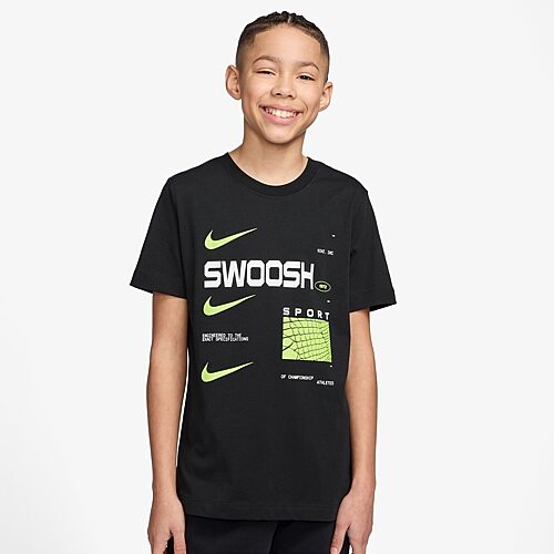 Nike Club Swoosh Big Kid Unisex Crew Neck Short Sleeve Classic Fit Graphic T-Shirt, Large, Black