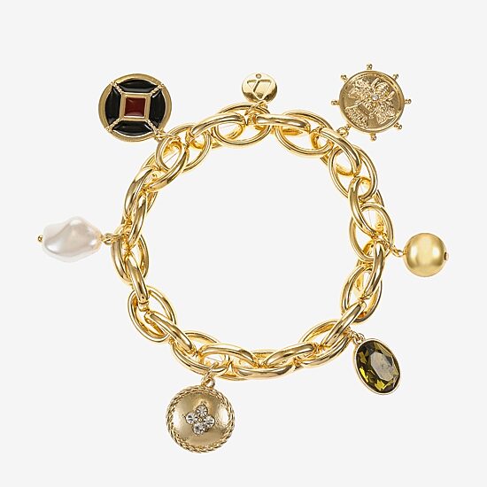 Liz Claiborne Gold Tone Nautical Womens Glass Simulated Pearl Charm Bracelet
