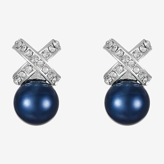 Monet Jewelry Timeless Silver Tone & Navy Glass Simulated Pearl 19.2mm Knot Stud Earrings