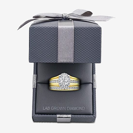 (G / Si1-Si2) Womens 1 1/2 CT. T.W. Lab Grown White Diamond 10K Gold Oval Side Stone Halo Bridal Set