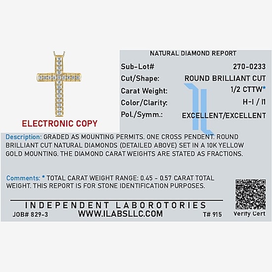 Cross (H-I / I1) Womens 1/2 CT. T.W. Natural White Diamond 10K Gold Cross 18 Inch Pendant Necklace