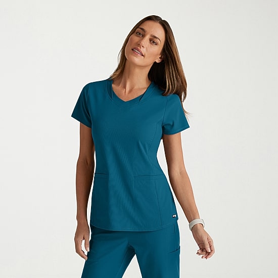 Grey's Anatomy™ by Barco Spandex Stretch Direct Grst185 Bolt 3-Pocket\N Womens V Neck Short Sleeve Stretch Fabric Moisture Wicking Wrinkle Resistant Scrub Top