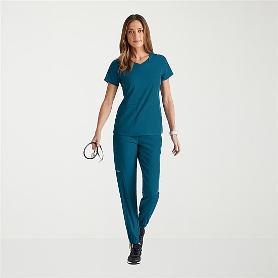 Grey's Anatomy™ by Barco Spandex Stretch Direct Grst185 Bolt 3-Pocket\N Womens V Neck Short Sleeve Stretch Fabric Moisture Wicking Wrinkle Resistant Scrub Top