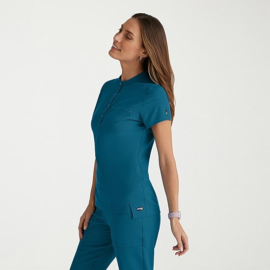 Grey's Anatomy™ by Barco Spandex Stretch Direct Grst186 Rush 1-Pocket Snap Collar Womens Short Sleeve Stretch Fabric Moisture Wicking Wrinkle Resistant Scrub Top