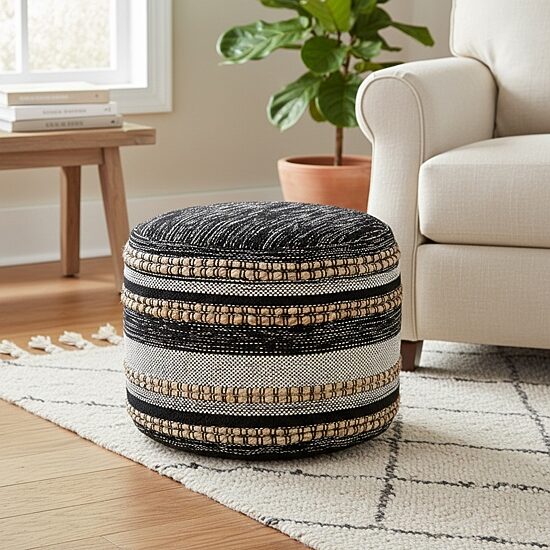 LR Home Briala 14" Handmade Cotton Blend Pouf in Black/White/Natural