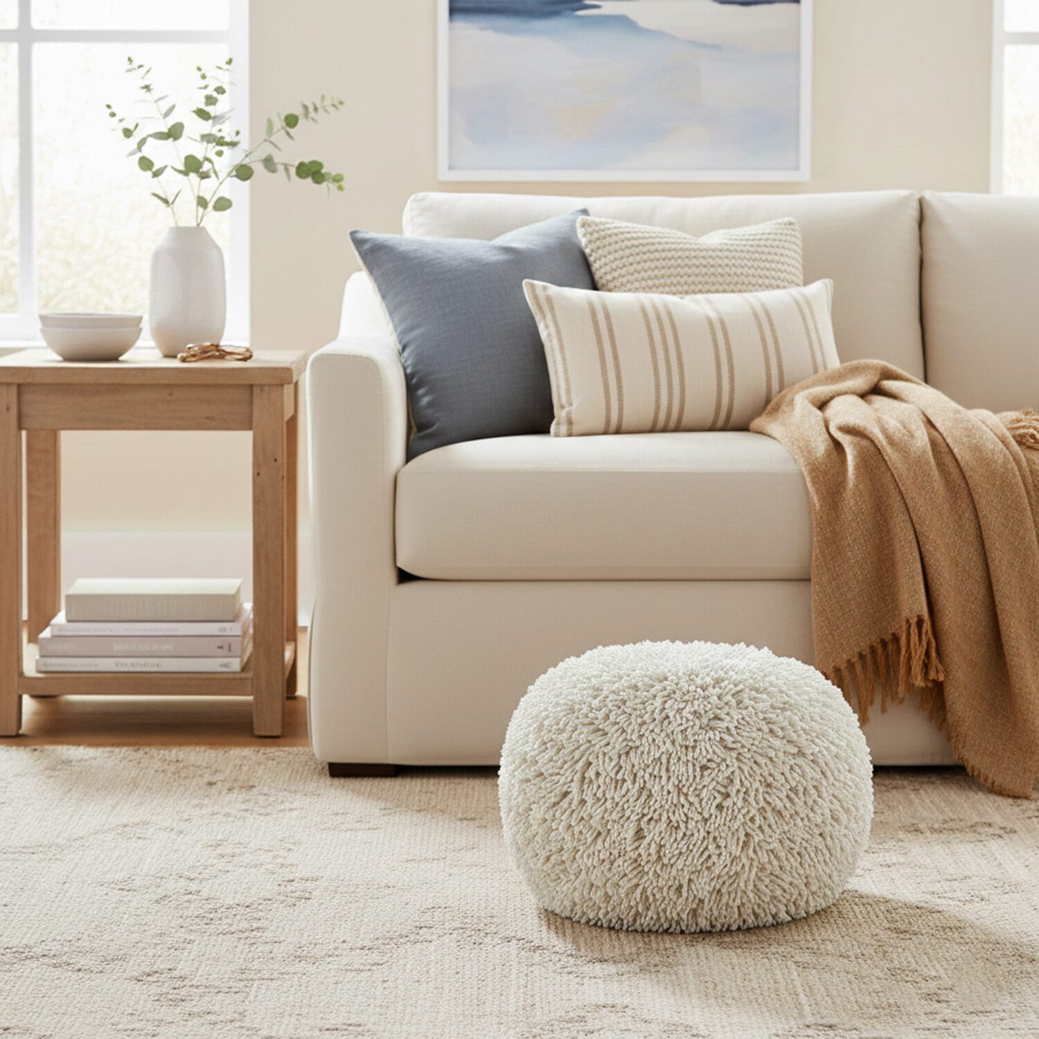 LR Home Leilani 16" Handmade Cotton Pouf in Cream