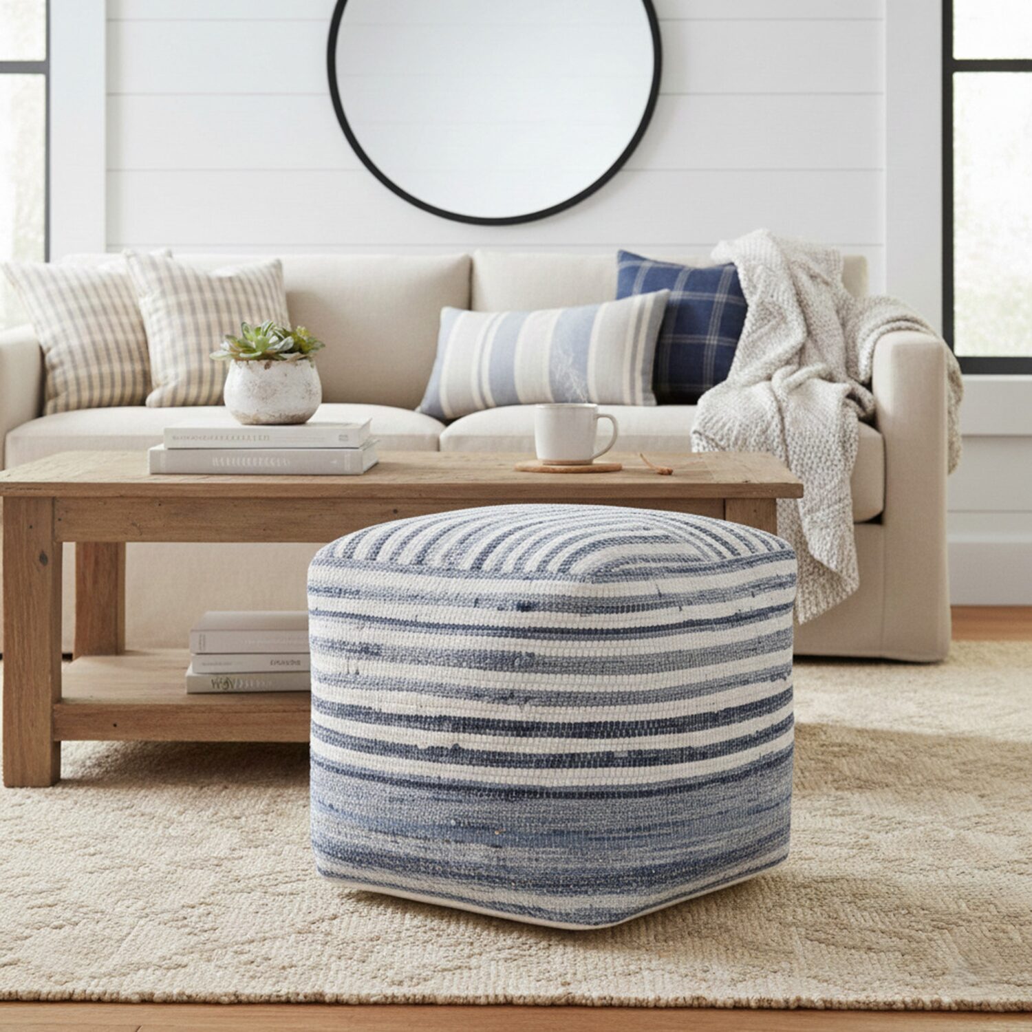 LR Home Emilia 18" Handmade Cotton Pouf in Blue/White