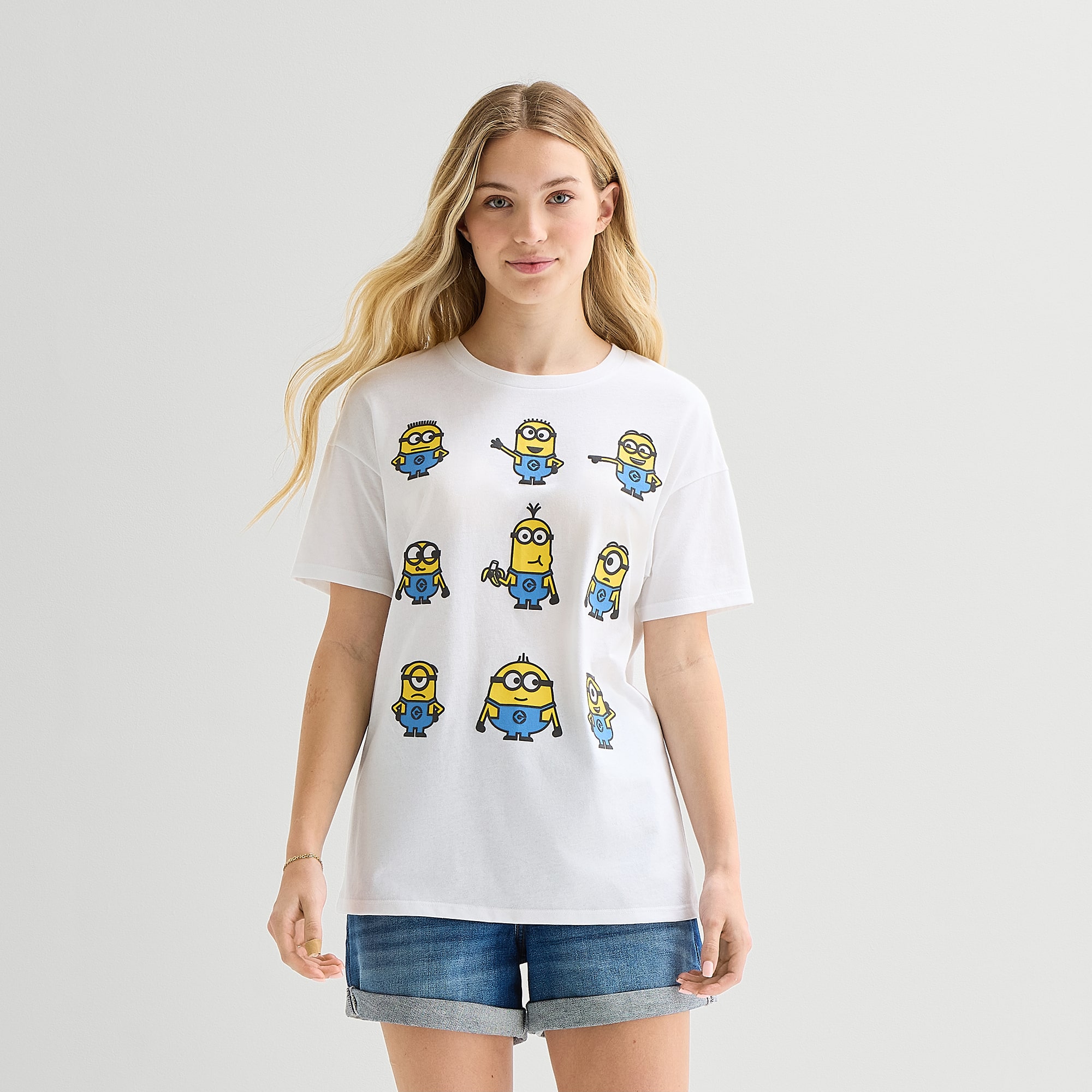 Minions Grid Boyfriend Tee Womens Juniors Crew Neck Short Sleeve Loose Fit Graphic T-Shirt