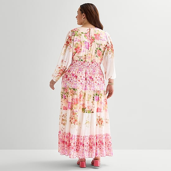 Melonie T Womens Plus V Neck Long Sleeve Balloon Chiffon Maxi Dress