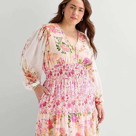 Melonie T Womens Plus V Neck Long Sleeve Balloon Chiffon Maxi Dress