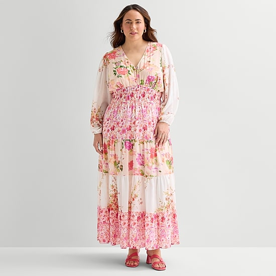 Melonie T Womens Plus V Neck Long Sleeve Balloon Chiffon Maxi Dress