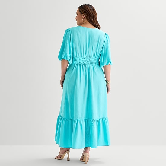 Melonie T Womens Plus Midi V Neck Short Sleeve Puffed Fit + Flare Dress