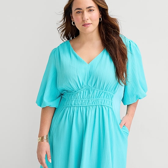 Melonie T Womens Plus Midi V Neck Short Sleeve Puffed Fit + Flare Dress